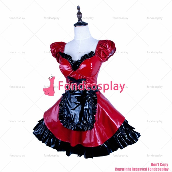 fondcosplay adult sexy cross dressing sissy maid baby red thin pvc dress lockable Uniform black apron CD/TV[G1578]