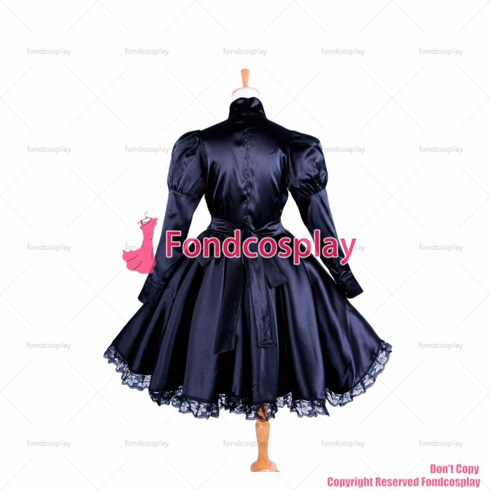 fondcosplay adult sexy cross dressing sissy maid short lockable black Satin Dress Uniform costume CD/TV[G1364]