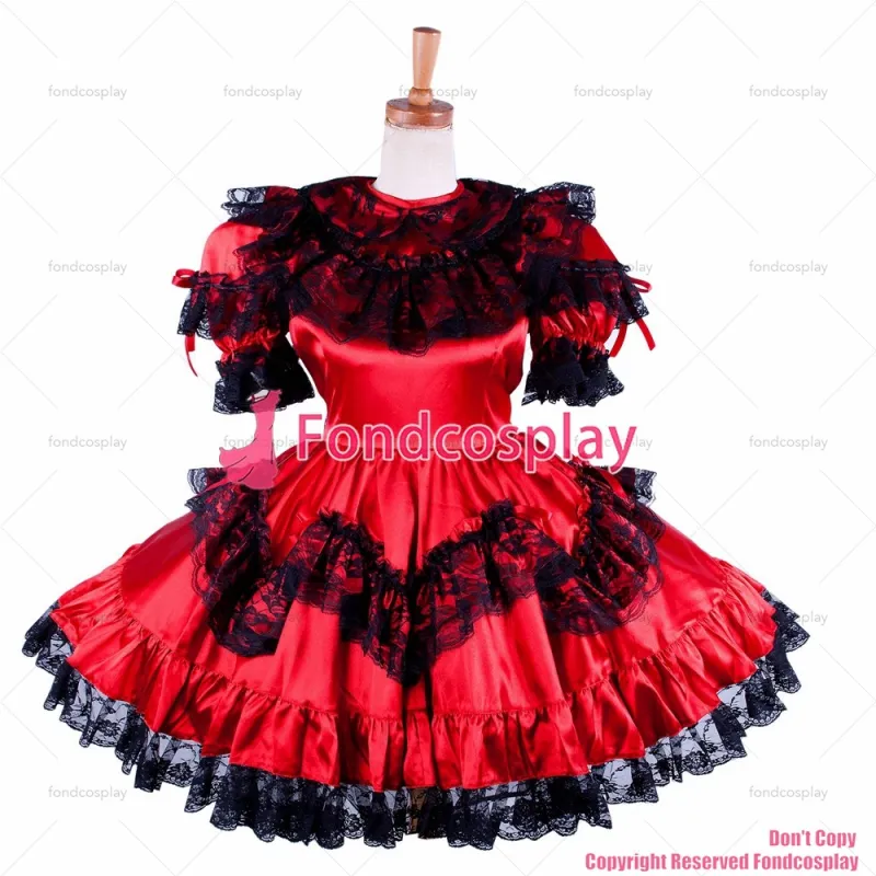 fondcosplay adult sexy cross dressing sissy maid short lockable red Satin dress Uniform costume CD/TV[G1590]
