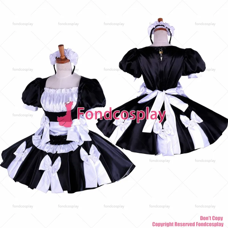 fondcosplay adult sexy cross dressing sissy maid nude breasted lockable black satin dress Uniform apron CD/TV[G1619]