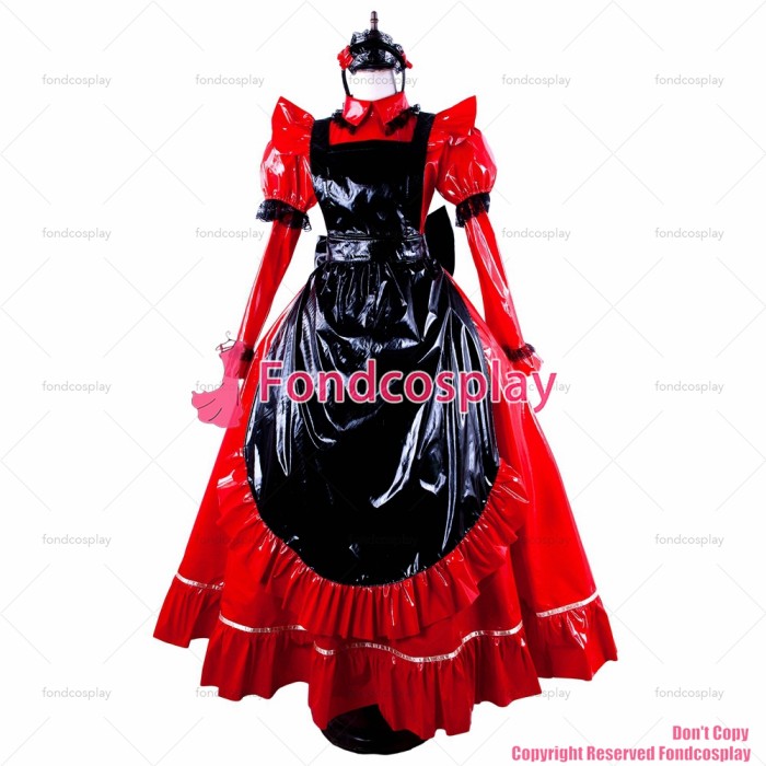 fondcosplay adult sexy cross dressing sissy maid long red thin PVC lockable Dress vinyl Uniform black apron CD/TV[G1563]