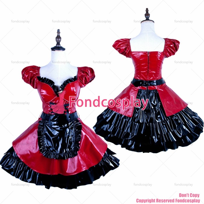 fondcosplay adult sexy cross dressing sissy maid baby red thin pvc dress lockable Uniform black apron CD/TV[G1578]