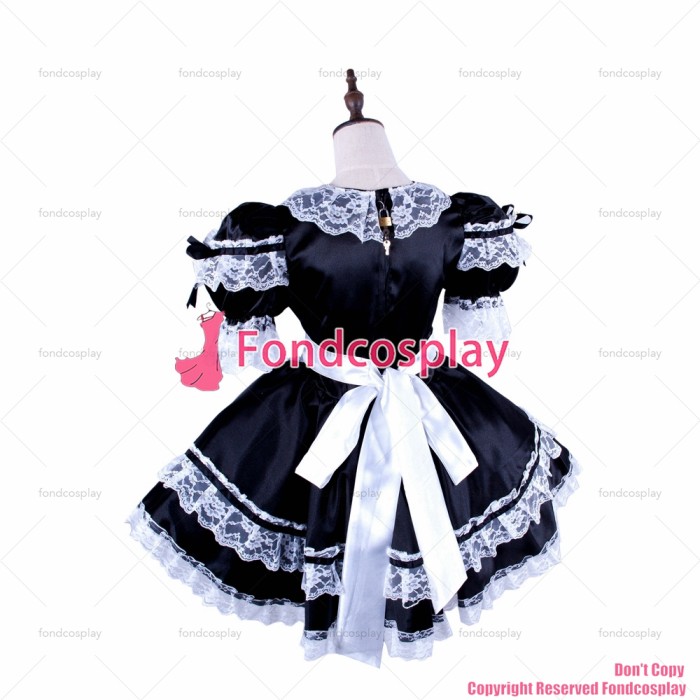 fondcosplay adult sexy cross dressing sissy maid short lockable black Satin dress Uniform white lace costume CD/TV[G1582]