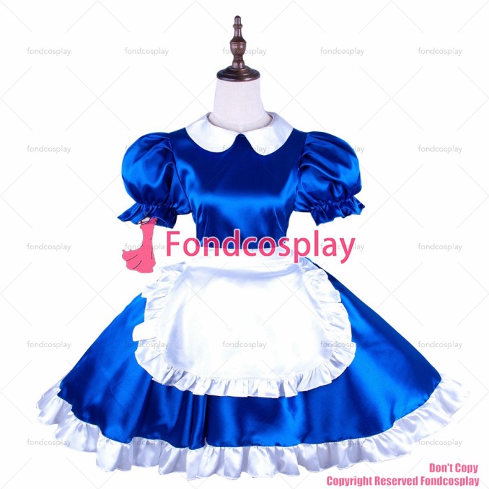 fondcosplay cross dressing sissy maid blue Satin dress with Pearl buttons white apron Peter Pan collar CD/TV[G1492]