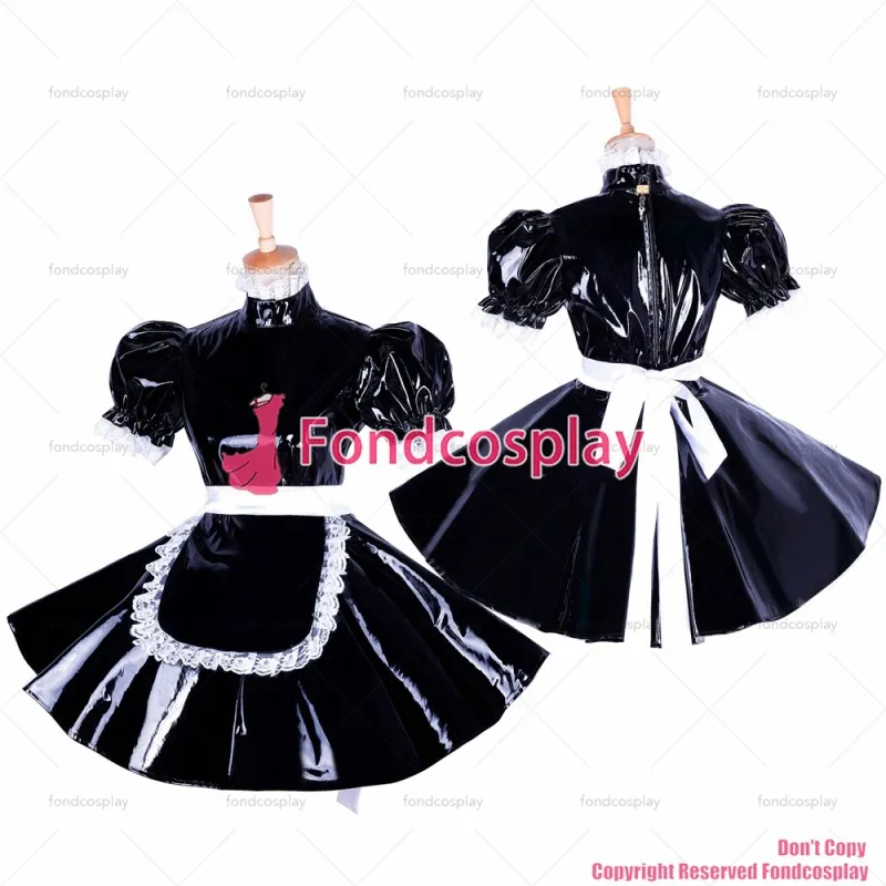 fondcosplay adult sexy cross dressing sissy maid short lockable black heavy PVC dress Uniform apron costume CD/TV[G1654]