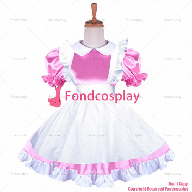 fondcosplay adult sexy cross dressing sissy maid lockable pink satin dress white apron Peter Pan collar CD/TV[G1645]