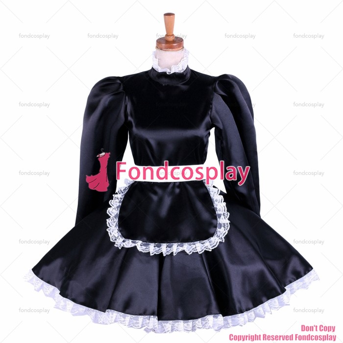fondcosplay adult sexy cross dressing sissy maid short lockable black satin dress Uniform apron costume CD/TV[G1621]