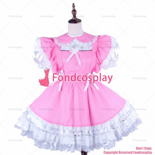 fondcosplay adult sexy cross dressing sissy maid short lockable white Satin pink Chiffon dress Uniform apron CD/TV[G1598]