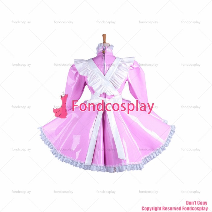 fondcosplay adult cross dressing sissy maid short pink heavy PVC lockable Dress vinyl Uniform white apron CD/TV[G1547]