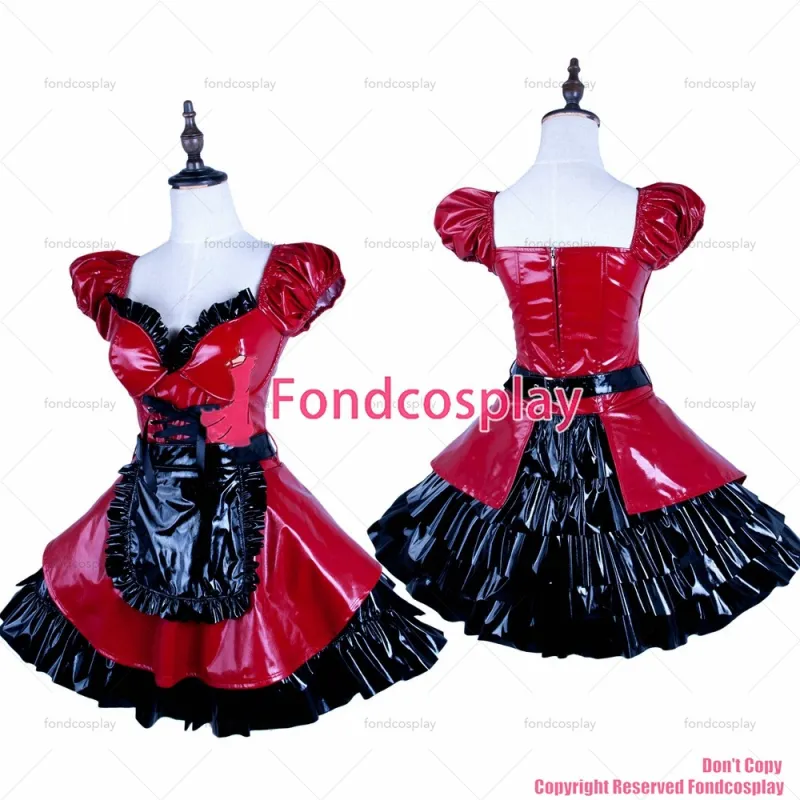 fondcosplay adult sexy cross dressing sissy maid baby red thin pvc dress lockable Uniform black apron CD/TV[G1578]