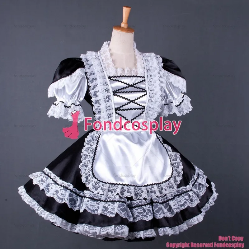 fondcosplay adult sexy cross dressing sissy maid short lockable black Satin dress Uniform white apron costume CD/TV[G1569]