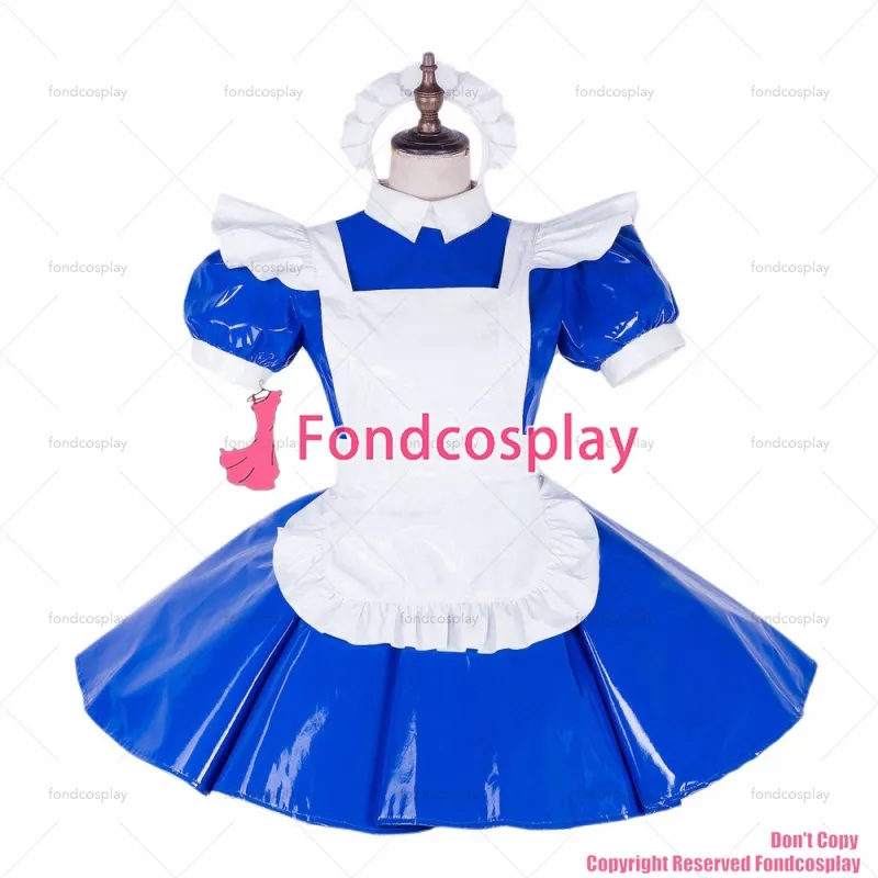 fondcosplay adult sexy cross dressing sissy maid short lockable blue heavy PVC dress blue Uniform white apron CD/TV[G1652]