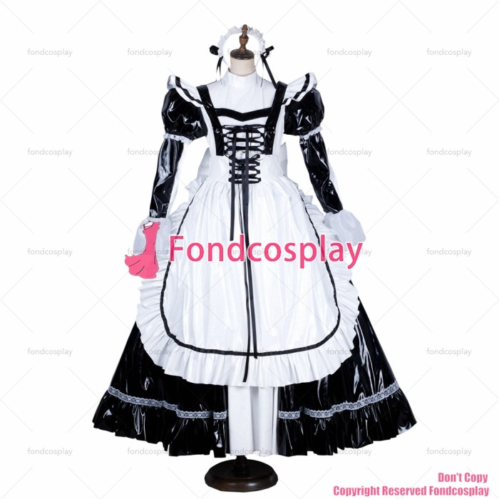 fondcosplay adult sexy cross dressing sissy maid long black white thin PVC lockable Dress vinyl Uniform CD/TV[G1562]