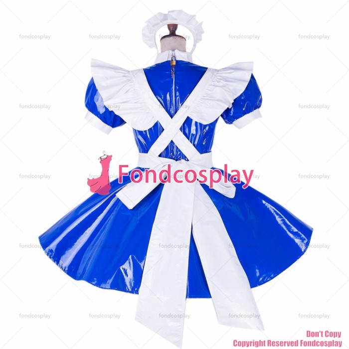 fondcosplay adult sexy cross dressing sissy maid short lockable blue heavy PVC dress blue Uniform white apron CD/TV[G1652]