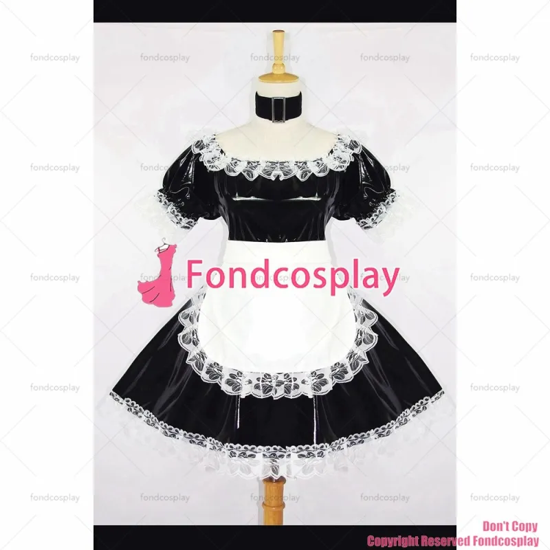 fondcosplay adult sexy cross dressing sissy maid short black thin PVC lockable Dress vinyl white apron Uniform CD/TV[G118]