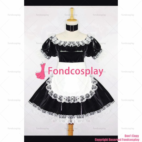 fondcosplay adult sexy cross dressing sissy maid short black heavy PVC lockable Dress vinyl white apron Uniform CD/TV[G118]