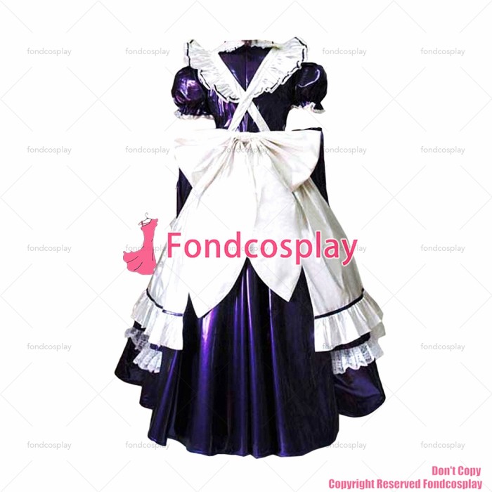 fondcosplay adult cross dressing sissy maid long lockable Purple thin PVC Dress vinyl Uniform white apron CD/TV[G1633]