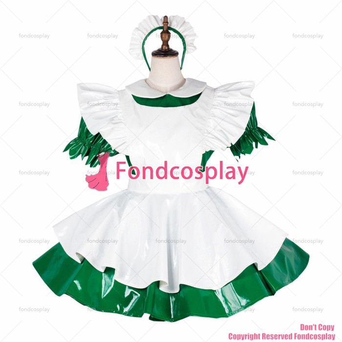 fondcosplay adult sexy cross dressing sissy maid lockable green thin PVC vinyl dress Uniform white apron CD/TV[G1780]