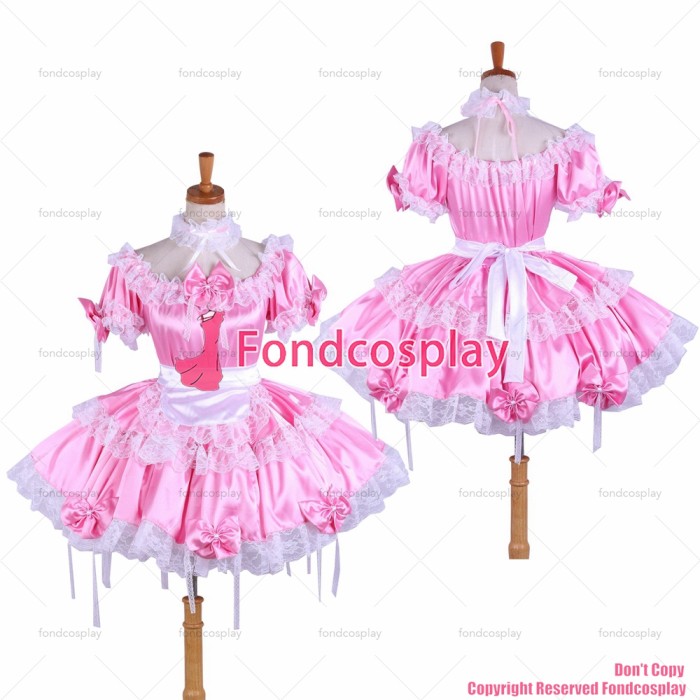 fondcosplay adult sexy cross dressing sissy maid short lockable pink satin dress Uniform white apron costume CD/TV[G1620]