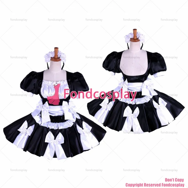 fondcosplay adult sexy cross dressing sissy maid nude breasted lockable black satin dress Uniform apron CD/TV[G1619]