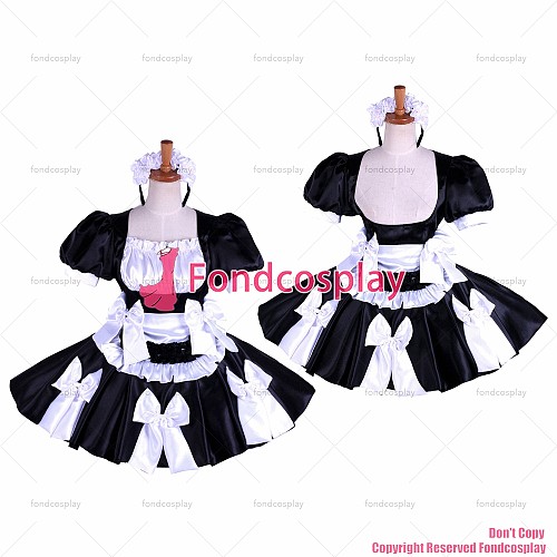 fondcosplay adult sexy cross dressing sissy maid nude breasted lockable black satin dress Uniform apron CD/TV[G1619]