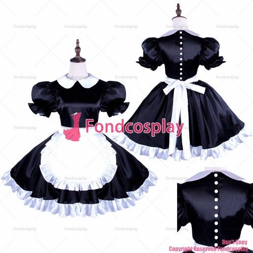 fondcosplay adult cross dressing sissy maid black Satin dress with Pearl buttons uniform Peter Pan collar CD/TV[G1491]
