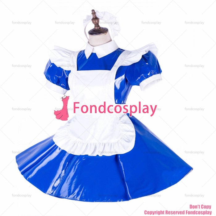 fondcosplay adult sexy cross dressing sissy maid short lockable blue heavy PVC dress blue Uniform white apron CD/TV[G1652]