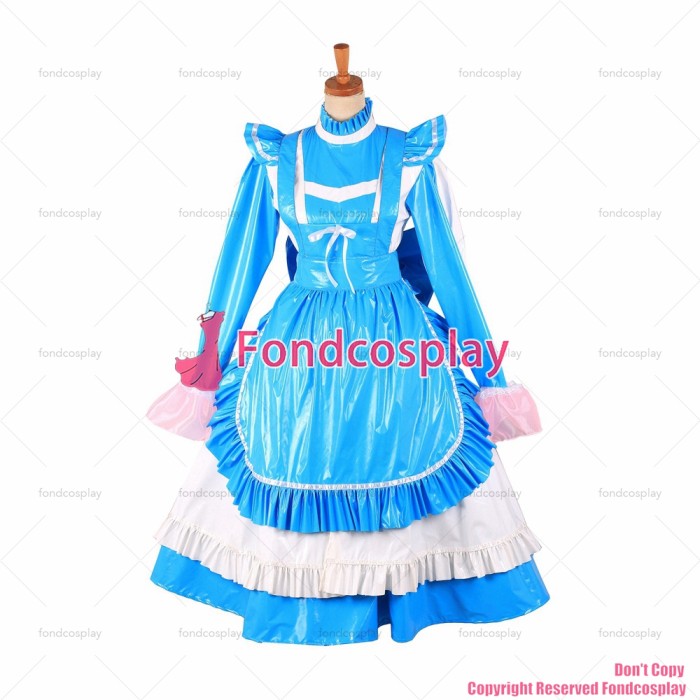 fondcosplay adult sexy cross dressing sissy maid long lockable blue thin PVC Dress maid vinyl Uniform apron CD/TV [G1622]