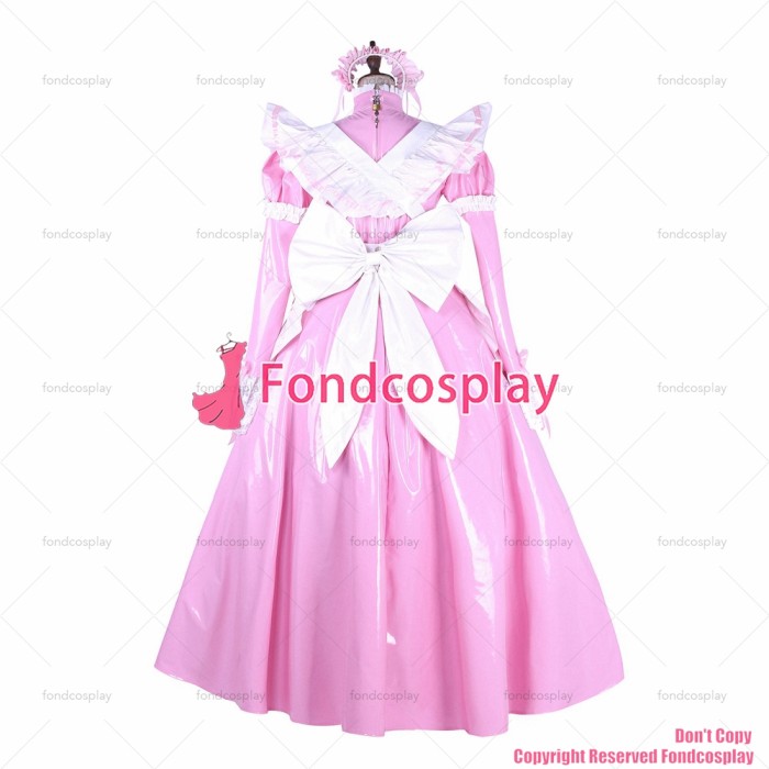 fondcosplay adult sexy cross dressing sissy maid lockable thin PVC dress pink Uniform white apron costume CD/TV[G1649]