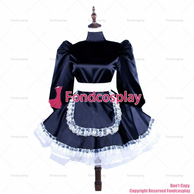 fondcosplay adult sexy cross dressing sissy maid short black Satin dress with buttons apron uniform CD/TV [G1560]
