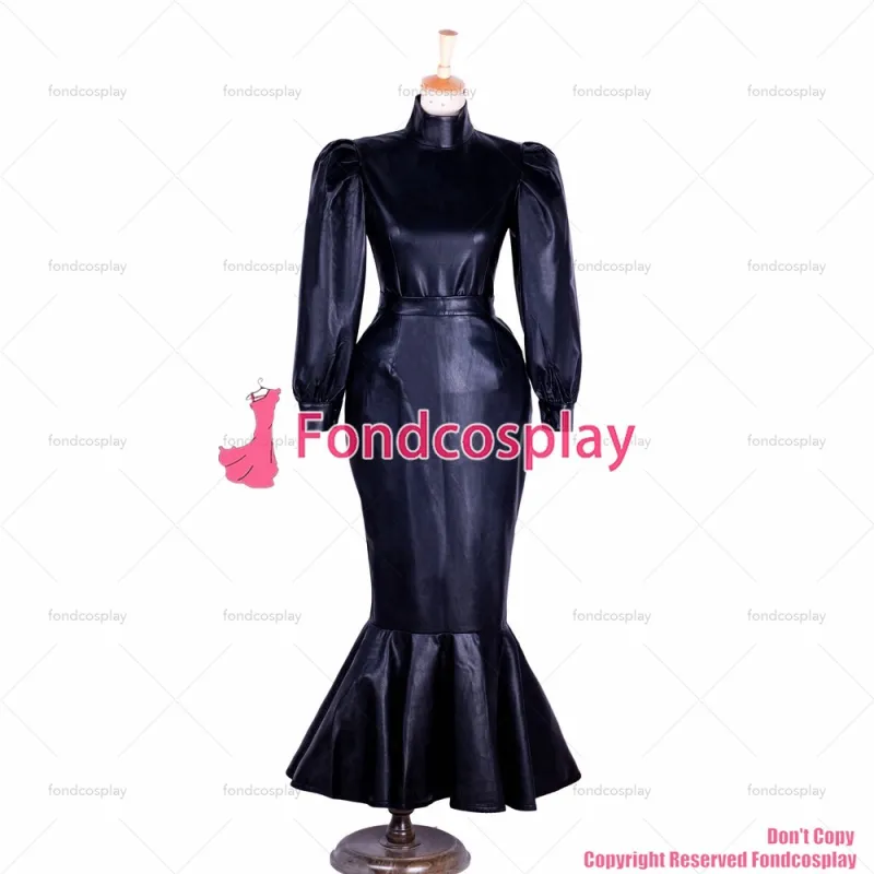 fondcosplay adult sexy cross dressing sissy maid Fetish black Faux Leather shirt skirt Uniform Lockable dress CD/TV[G1365]