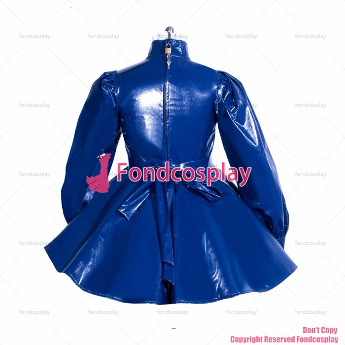 fondcosplay adult sexy cross dressing sissy maid short Dress Lockable Uniform Blue thin Pvc Dress apron CD/TV[G1332]