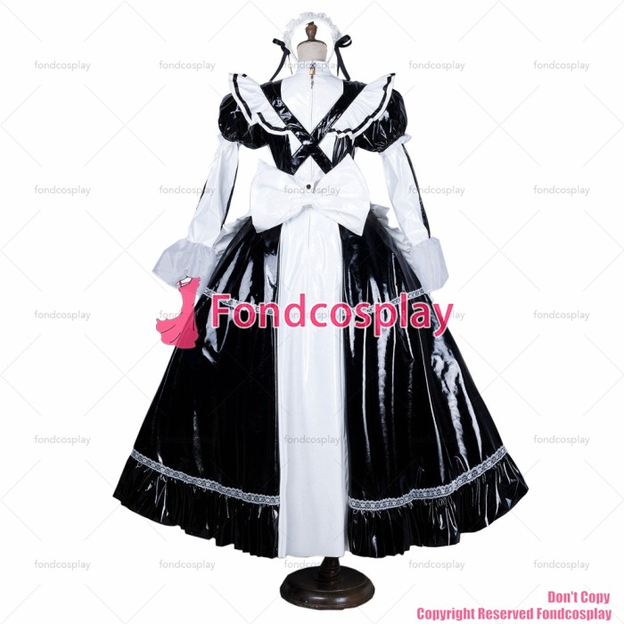 fondcosplay adult sexy cross dressing sissy maid long black white thin PVC lockable Dress vinyl Uniform CD/TV[G1562]