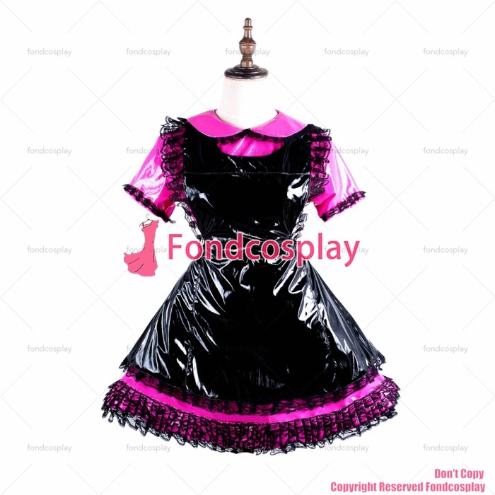 fondcosplay adult sexy cross dressing sissy maid hot pink thin PVC lockable dress vinyl Uniform black apron CD/TV [G1577]
