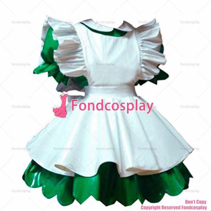 fondcosplay adult cross dressing sissy maid lockable green thin PVC Dress vinyl white apron Peter pan collar CD/TV[G1632]
