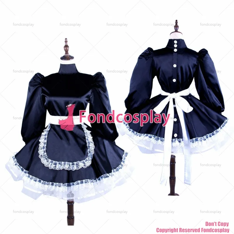 fondcosplay adult sexy cross dressing sissy maid short black Satin dress with buttons apron uniform CD/TV [G1560]