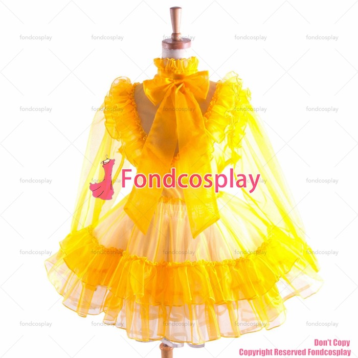 fondcosplay adult sexy cross dressing sissy maid Yellow Organza Lockable Uniform Dress Cosplay Costume CD/TV[G1367]