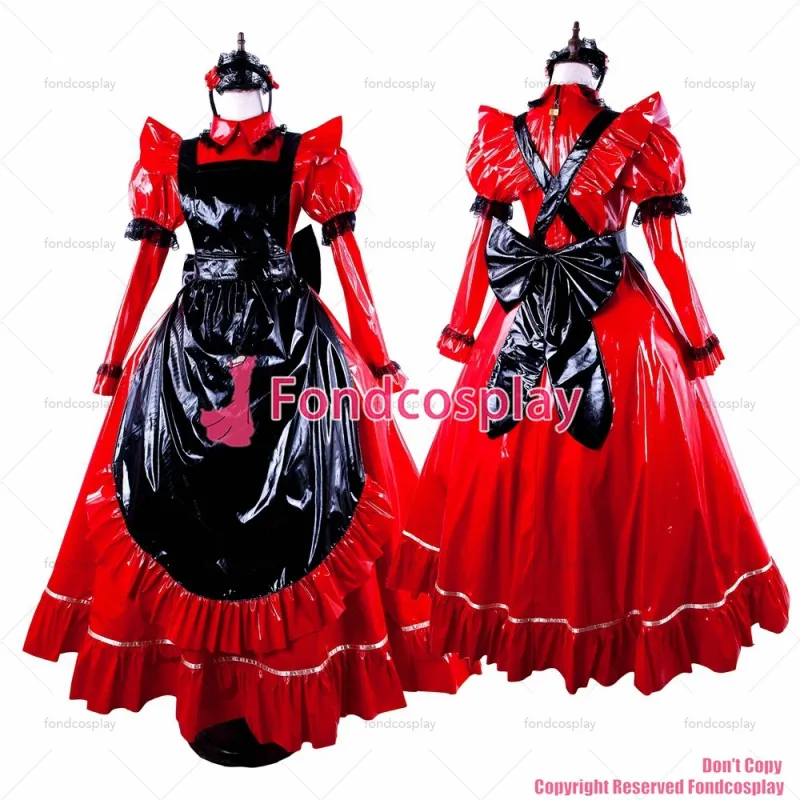 fondcosplay adult sexy cross dressing sissy maid long red thin PVC lockable Dress vinyl Uniform black apron CD/TV[G1563]