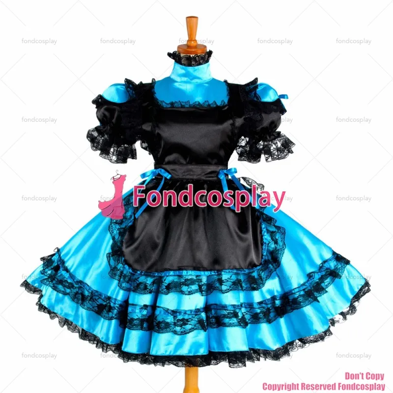 fondcosplay adult sexy cross dressing sissy maid short blue Satin Dress Lockable Uniform Cosplay Costume CD/TV[G1050]
