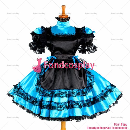 fondcosplay adult sexy cross dressing sissy maid short blue Satin Dress Lockable Uniform Cosplay Costume CD/TV[G1050]