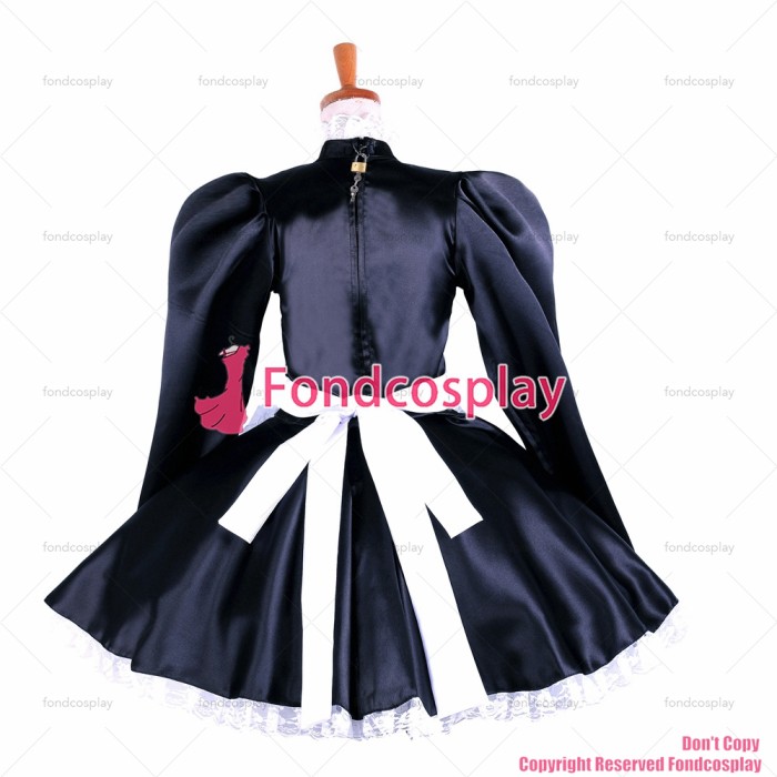 fondcosplay adult sexy cross dressing sissy maid short lockable black satin dress Uniform apron costume CD/TV[G1621]