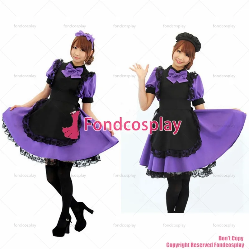 fondcosplay adult sexy cross dressing sissy maid short Purple Cotton Dress Uniform black apron Costume CD/TV[G1253]