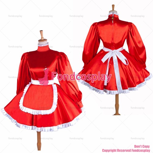 fondcosplay adult sexy cross dressing sissy maid short lockable red Satin dress Uniform cosplay costume CD/TV[G1549]