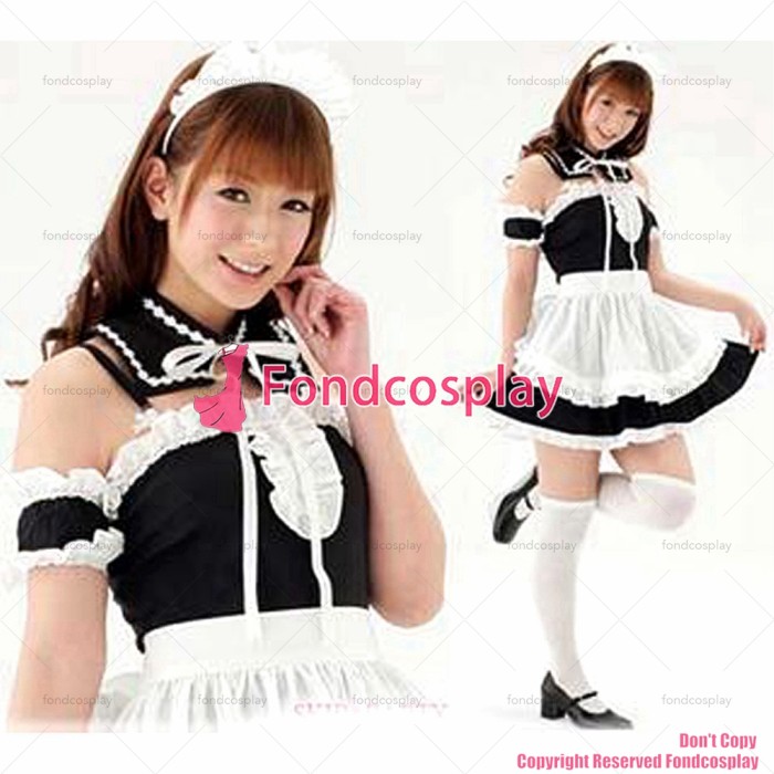 fondcosplay adult sexy cross dressing sissy maid short lockable black cotton dress white apron uniform CD/TV [G1617]