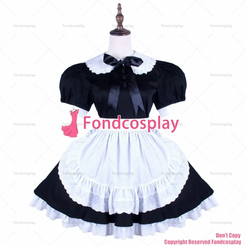fondcosplay adult sexy cross dressing sissy maid lockable black cotton dress Uniform white apron costume CD/TV[G1571]