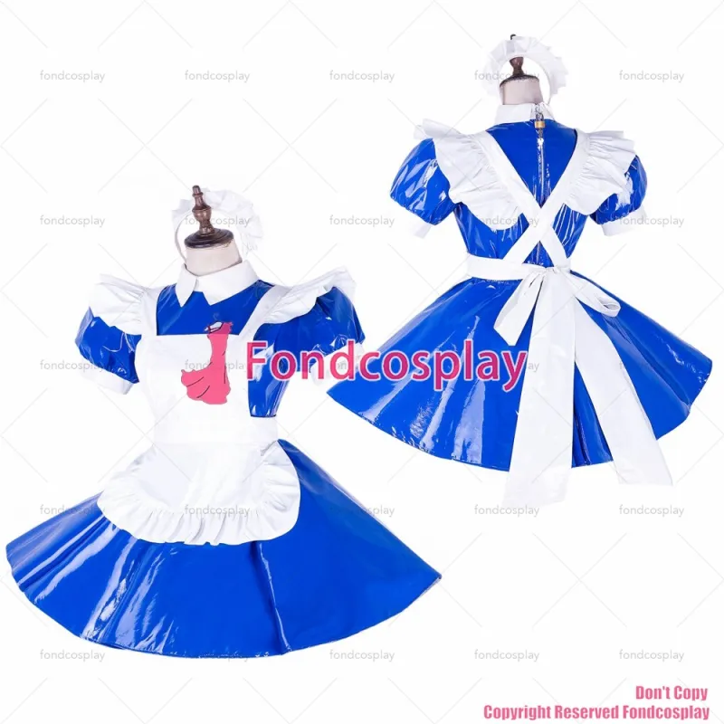 fondcosplay adult sexy cross dressing sissy maid short lockable blue heavy PVC dress blue Uniform white apron CD/TV[G1652]