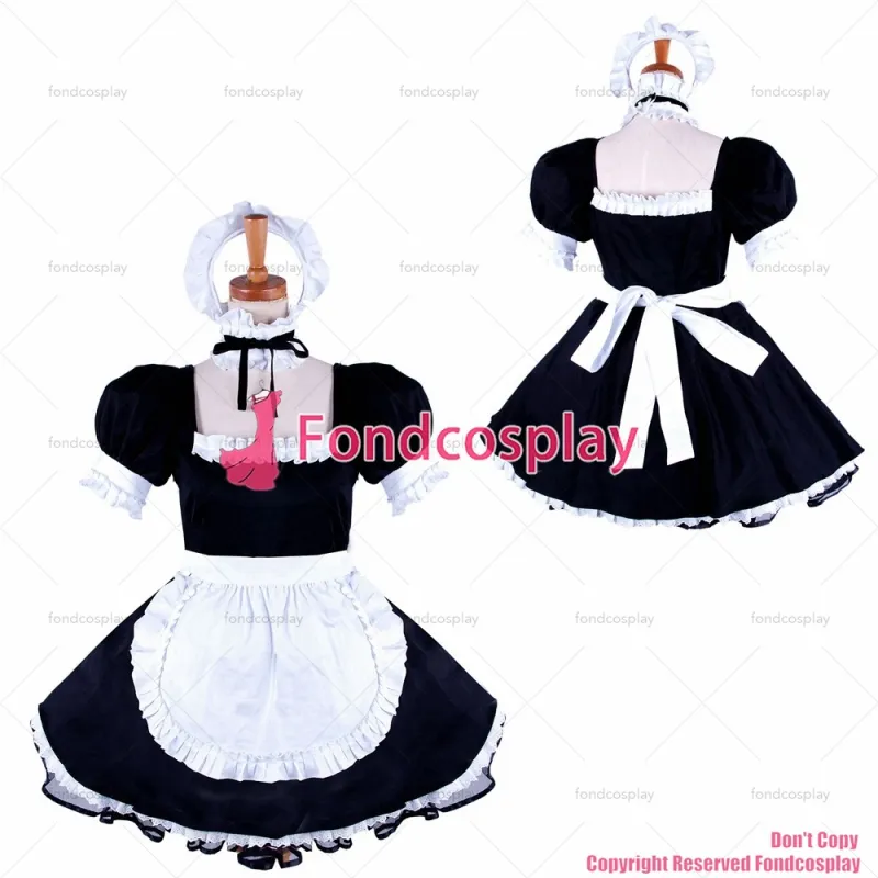 fondcosplay adult sexy cross dressing sissy maid short lockable black Cotton dress Uniform white apron CD/TV[G1591]