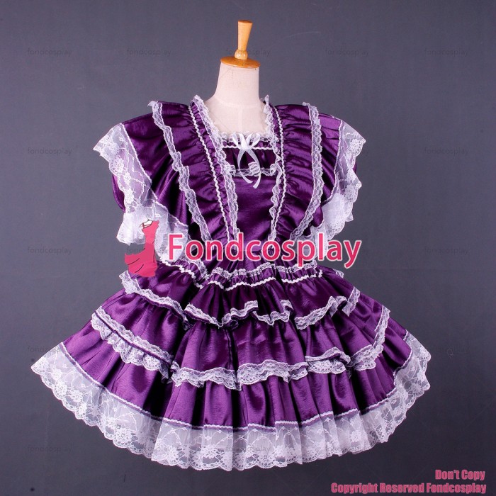 fondcosplay adult sexy cross dressing sissy maid short lockable Purple Satin dress Uniform cosplay costume CD/TV[G1583]