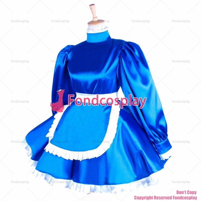 fondcosplay adult sexy cross dressing sissy maid short lockable blue Satin dress apron Uniform costume CD/TV[G1551]