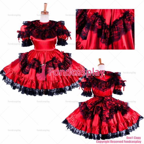 fondcosplay adult sexy cross dressing sissy maid short lockable red Satin dress Uniform costume CD/TV[G1590]
